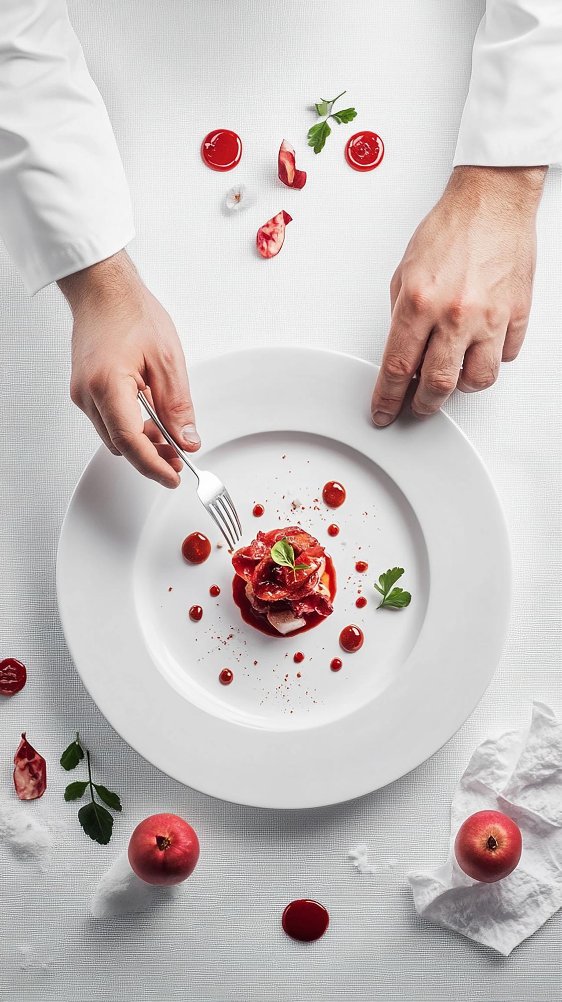 Instructor plating a modern dish in a warm kitchen